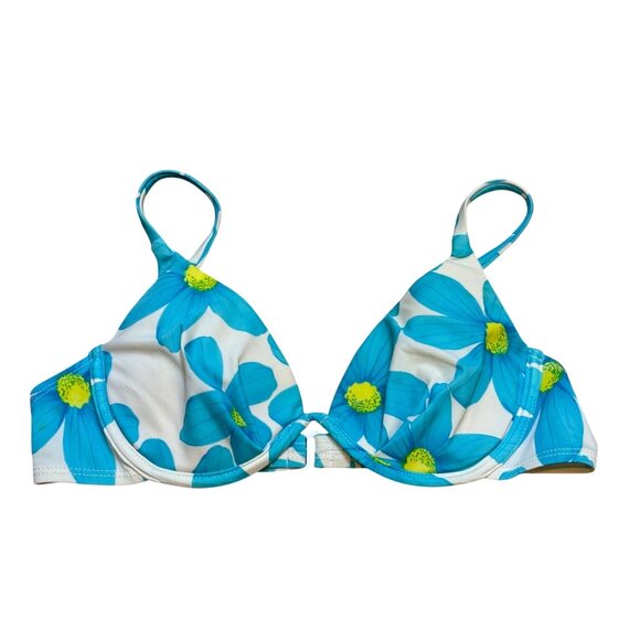 90s Blue Floral Bikini Top With Adjustable Straps & Back Hook Closure - Picture 1 of 6